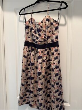 Burlapp Beige Printed Sundress with Navy & Coral Accents